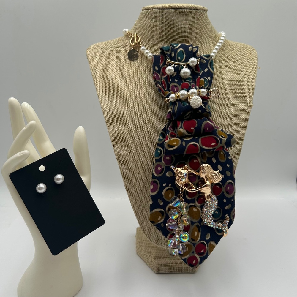 Vintage Italian Silk Mermaid Tie Necklace Set Pearl Embellished Maximalist Core - Picture 7 of 9